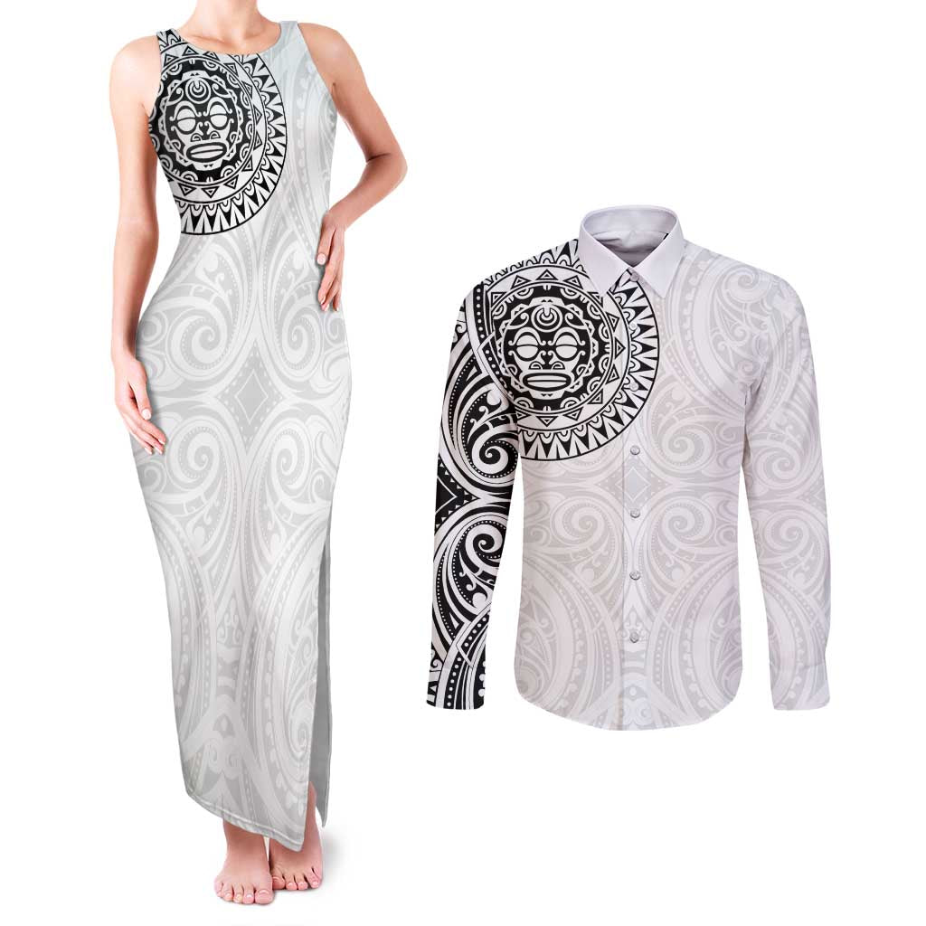 New Zealand Aotearoa Couples Matching Tank Maxi Dress and Long Sleeve Button Shirt Maori Te Mata O Rongokako LT05 White - Polynesian Pride
