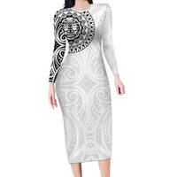 New Zealand Aotearoa Family Matching Long Sleeve Bodycon Dress and Hawaiian Shirt Maori Te Mata O Rongokako LT05 Mom's Dress White - Polynesian Pride