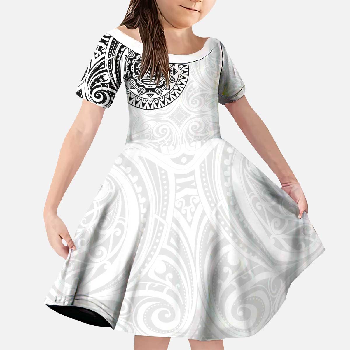 New Zealand Aotearoa Family Matching Off The Shoulder Long Sleeve Dress and Hawaiian Shirt Maori Te Mata O Rongokako LT05 Daughter's Dress White - Polynesian Pride