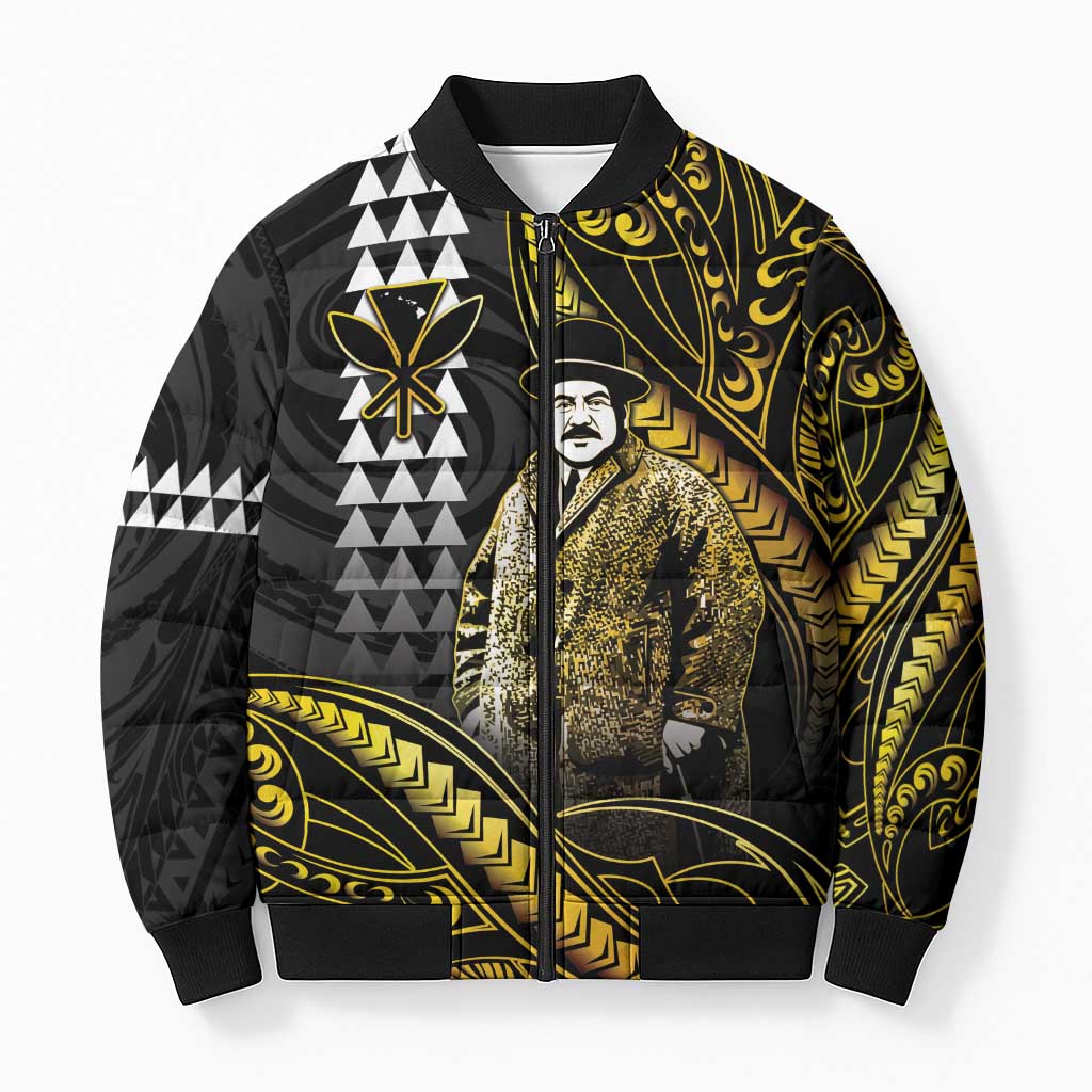 Hawaii Kuhio The Citizen Prince Bomber Puffer Jacket Gold Polynesian Tribal Tattoo