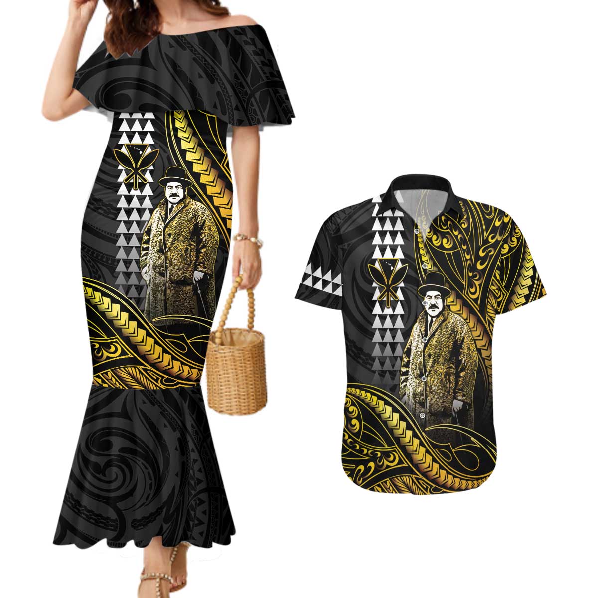 Hawaii Kuhio The Citizen Prince Couples Matching Mermaid Dress and Hawaiian Shirt Gold Polynesian Tribal Tattoo LT05 Gold - Polynesian Pride