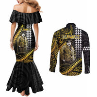 Hawaii Kuhio The Citizen Prince Couples Matching Mermaid Dress and Long Sleeve Button Shirt Gold Polynesian Tribal Tattoo LT05 - Polynesian Pride