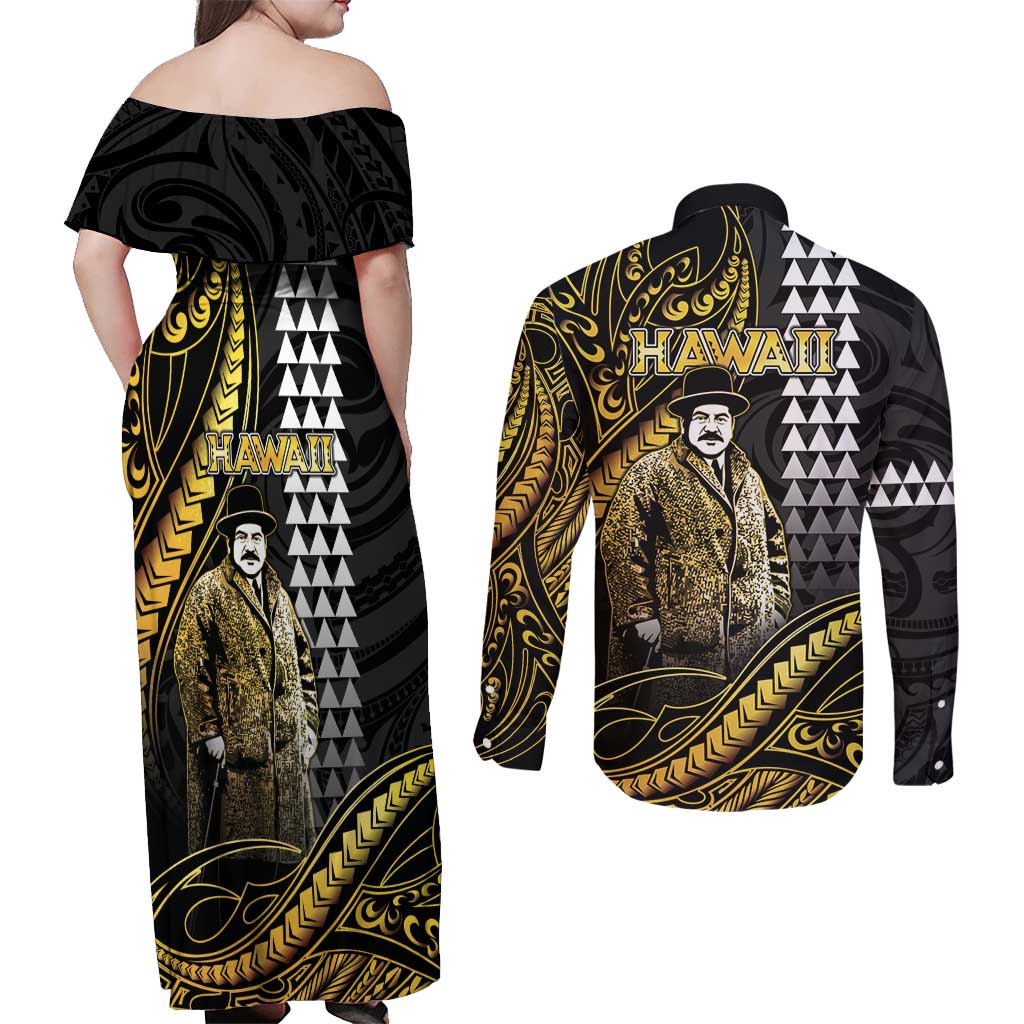 Hawaii Kuhio The Citizen Prince Couples Matching Off Shoulder Maxi Dress and Long Sleeve Button Shirt Gold Polynesian Tribal Tattoo LT05 - Polynesian Pride