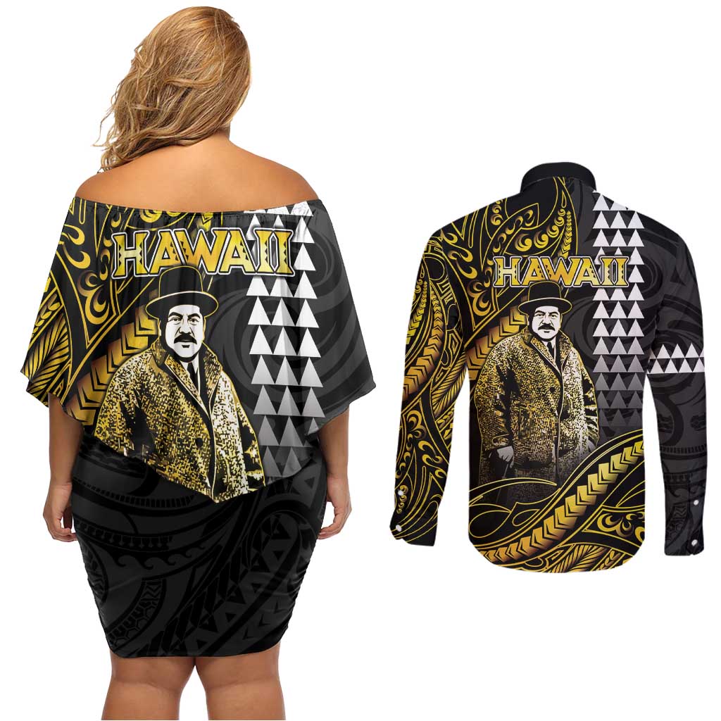 Hawaii Kuhio The Citizen Prince Couples Matching Off Shoulder Short Dress and Long Sleeve Button Shirt Gold Polynesian Tribal Tattoo LT05 - Polynesian Pride
