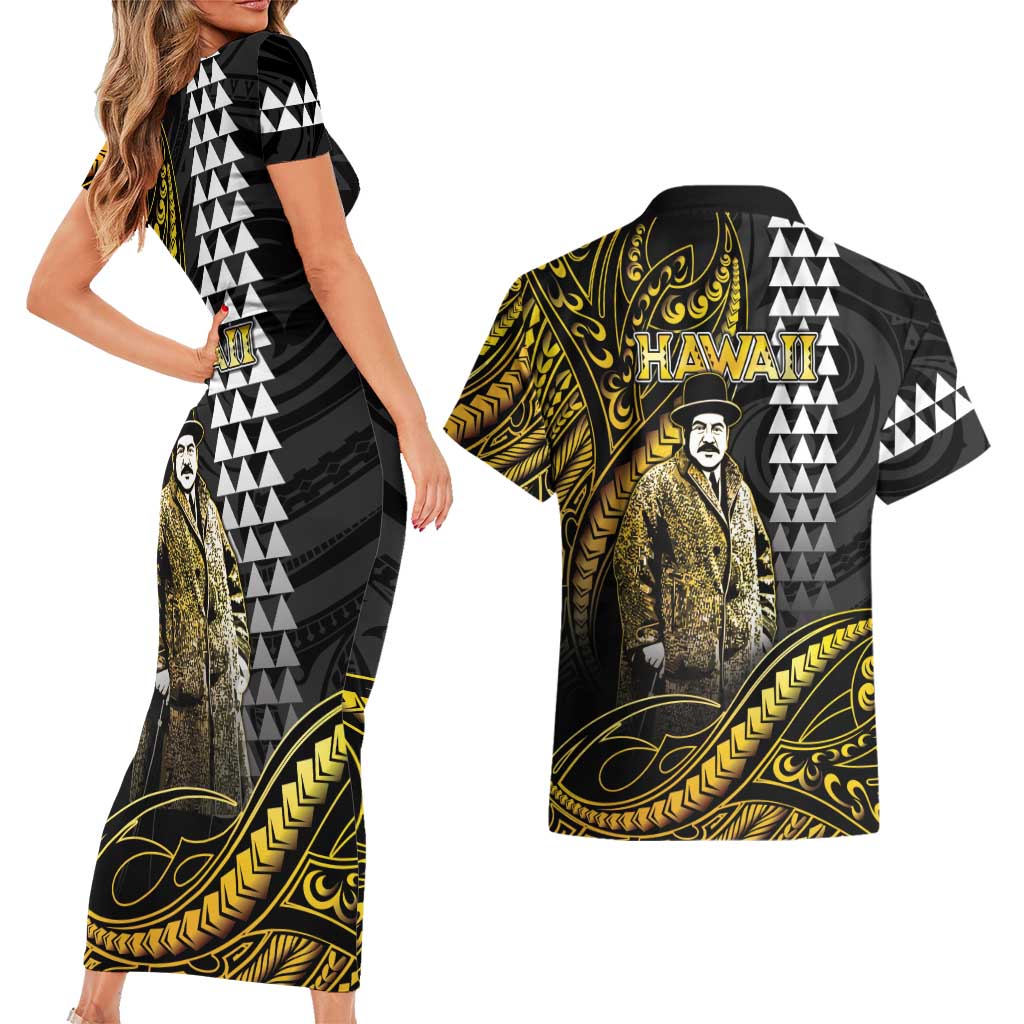 Hawaii Kuhio The Citizen Prince Couples Matching Short Sleeve Bodycon Dress and Hawaiian Shirt Gold Polynesian Tribal Tattoo LT05 - Polynesian Pride