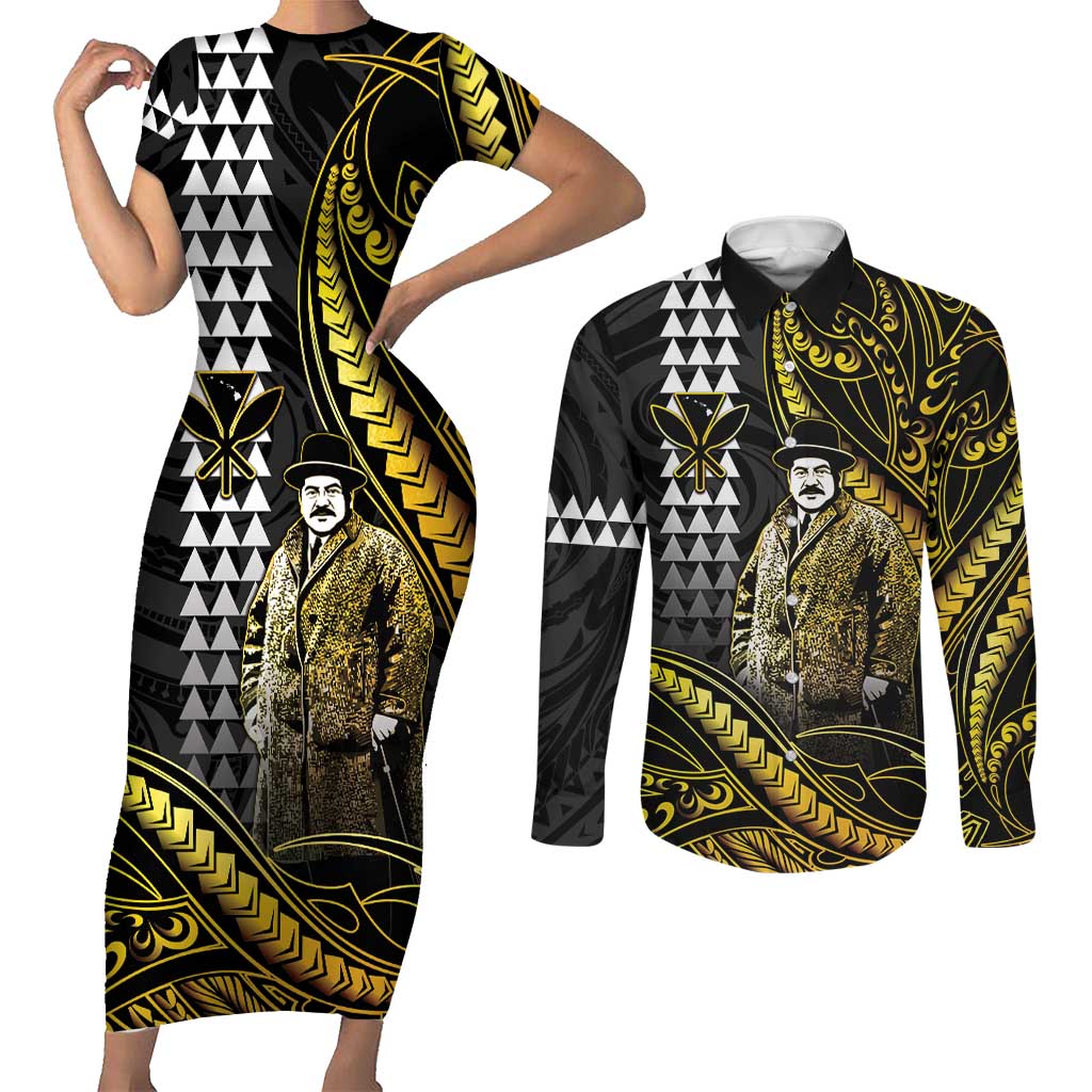 Hawaii Kuhio The Citizen Prince Couples Matching Short Sleeve Bodycon Dress and Long Sleeve Button Shirt Gold Polynesian Tribal Tattoo LT05 Gold - Polynesian Pride