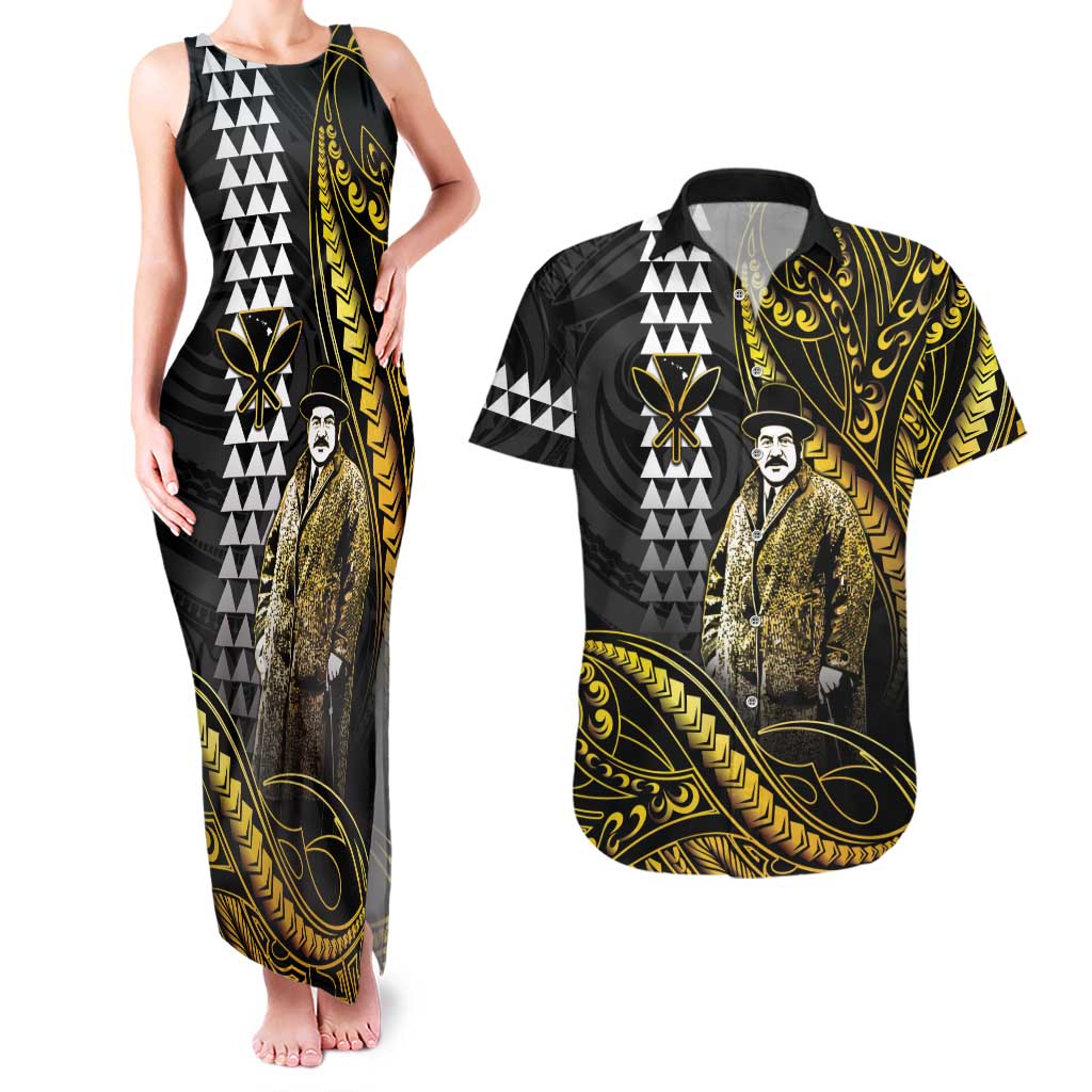 Hawaii Kuhio The Citizen Prince Couples Matching Tank Maxi Dress and Hawaiian Shirt Gold Polynesian Tribal Tattoo LT05 Gold - Polynesian Pride