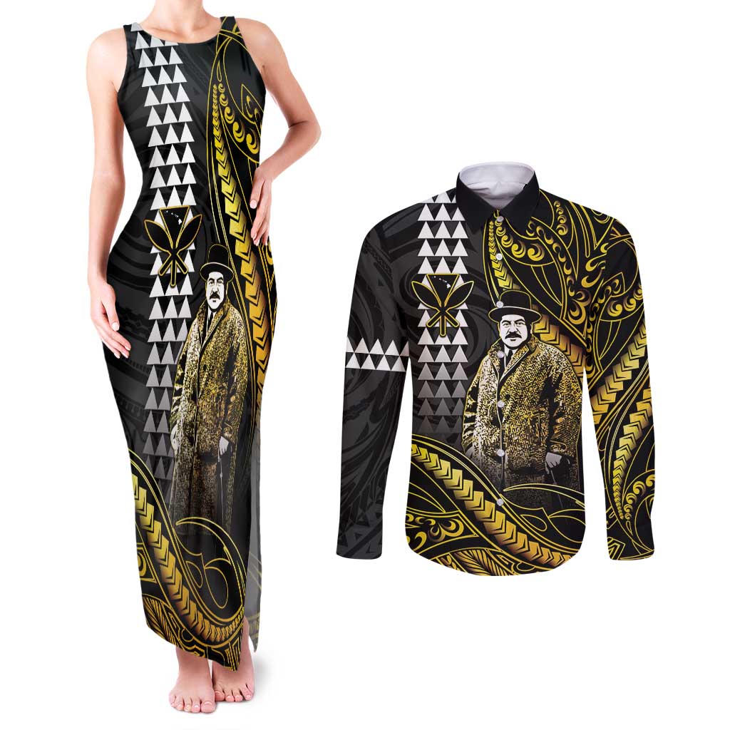 Hawaii Kuhio The Citizen Prince Couples Matching Tank Maxi Dress and Long Sleeve Button Shirt Gold Polynesian Tribal Tattoo LT05 Gold - Polynesian Pride