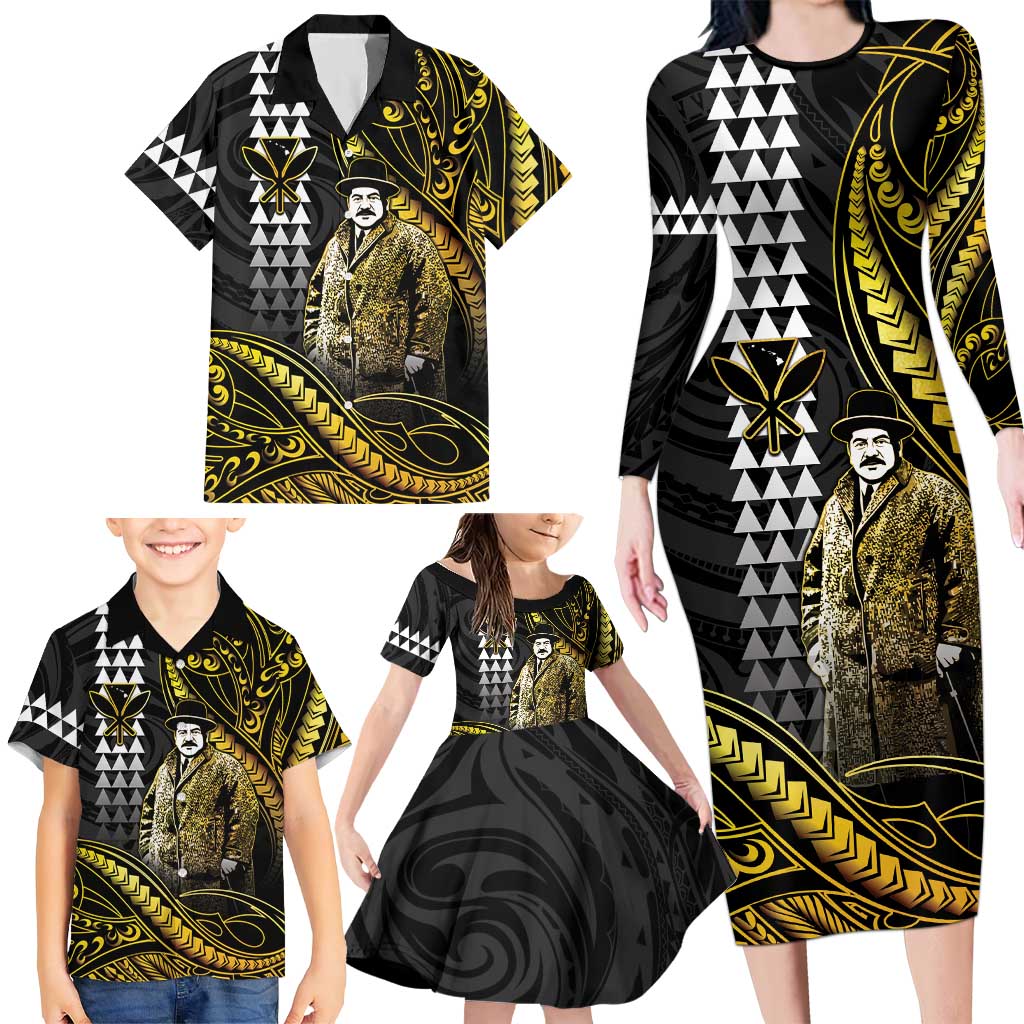 Hawaii Kuhio The Citizen Prince Family Matching Long Sleeve Bodycon Dress and Hawaiian Shirt Gold Polynesian Tribal Tattoo LT05 - Polynesian Pride