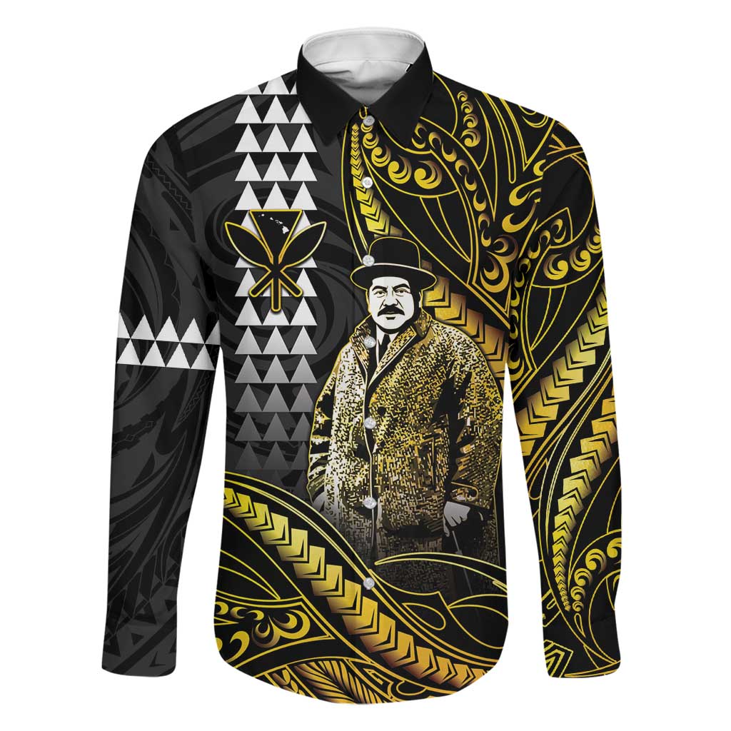 Hawaii Kuhio The Citizen Prince Family Matching Long Sleeve Bodycon Dress and Hawaiian Shirt Gold Polynesian Tribal Tattoo LT05 Dad's Shirt - Long Sleeve Gold - Polynesian Pride