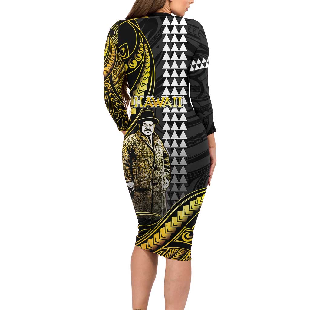 Hawaii Kuhio The Citizen Prince Family Matching Long Sleeve Bodycon Dress and Hawaiian Shirt Gold Polynesian Tribal Tattoo LT05 - Polynesian Pride