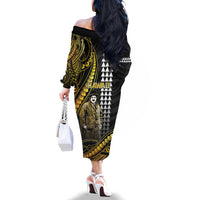Hawaii Kuhio The Citizen Prince Family Matching Off The Shoulder Long Sleeve Dress and Hawaiian Shirt Gold Polynesian Tribal Tattoo LT05 - Polynesian Pride
