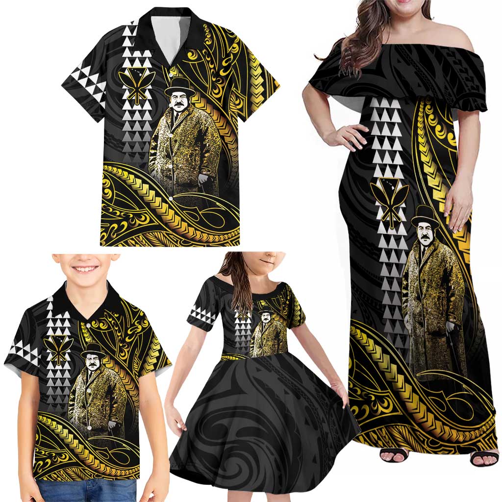Hawaii Kuhio The Citizen Prince Family Matching Off Shoulder Maxi Dress and Hawaiian Shirt Gold Polynesian Tribal Tattoo