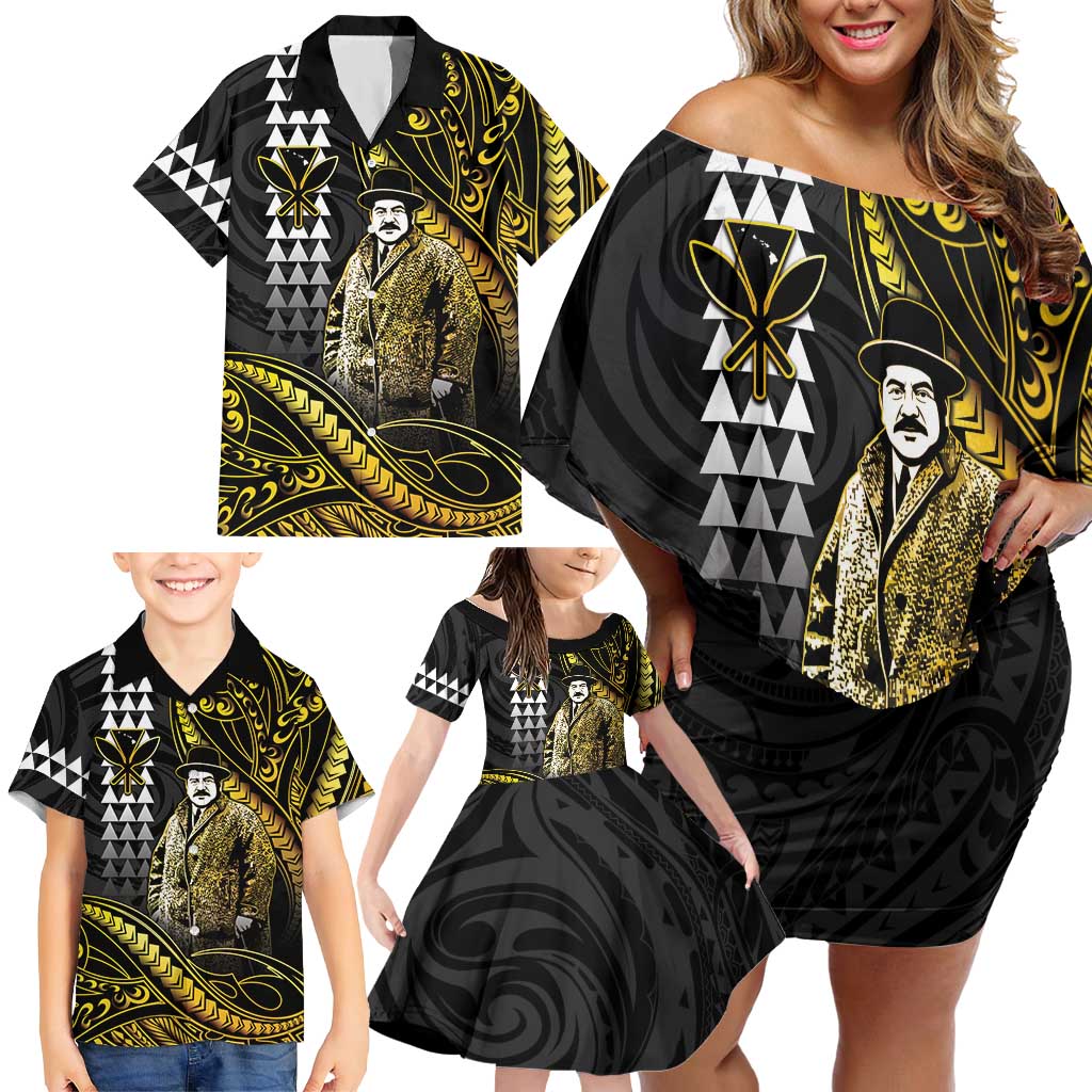 Hawaii Kuhio The Citizen Prince Family Matching Off Shoulder Short Dress and Hawaiian Shirt Gold Polynesian Tribal Tattoo