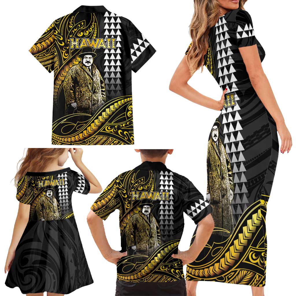 Hawaii Kuhio The Citizen Prince Family Matching Short Sleeve Bodycon Dress and Hawaiian Shirt Gold Polynesian Tribal Tattoo LT05 - Polynesian Pride