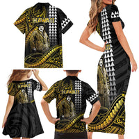 Hawaii Kuhio The Citizen Prince Family Matching Short Sleeve Bodycon Dress and Hawaiian Shirt Gold Polynesian Tribal Tattoo LT05 - Polynesian Pride
