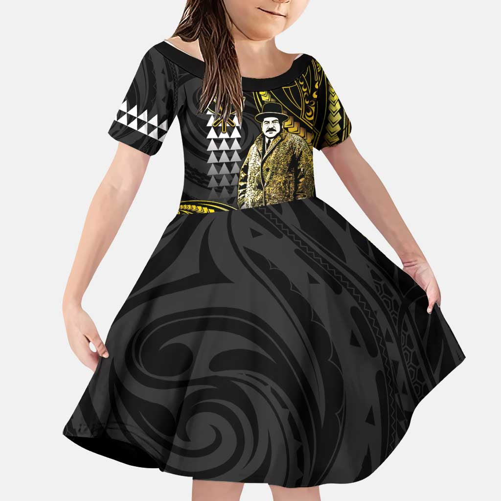 Hawaii Kuhio The Citizen Prince Family Matching Summer Maxi Dress and Hawaiian Shirt Gold Polynesian Tribal Tattoo LT05 Daughter's Dress Gold - Polynesian Pride
