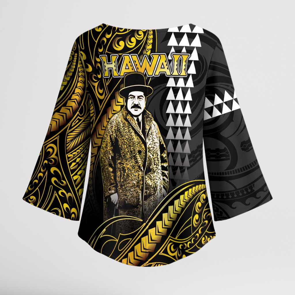 Hawaii Kuhio The Citizen Prince Kimono Sleeve Blouse Gold Polynesian Tribal Tattoo