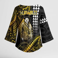 Hawaii Kuhio The Citizen Prince Kimono Sleeve Blouse Gold Polynesian Tribal Tattoo