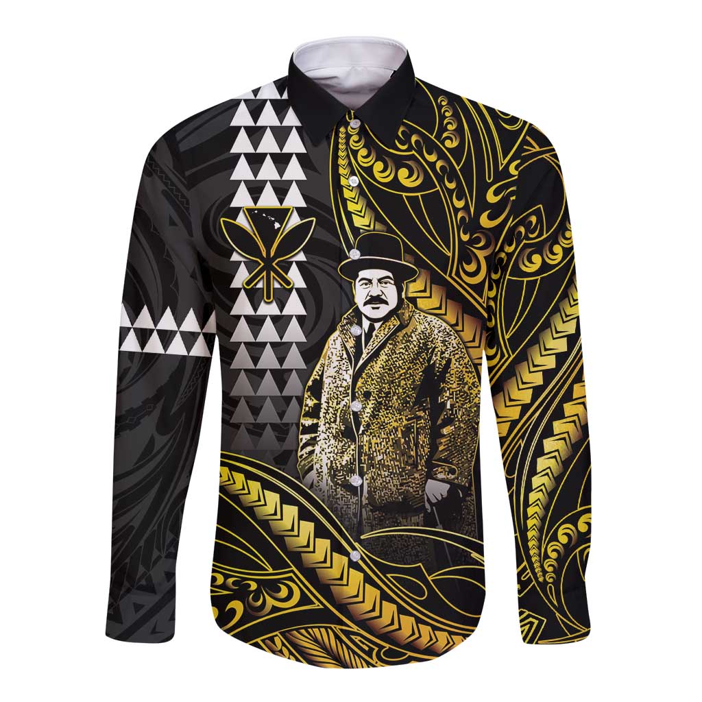 Hawaii Kuhio The Citizen Prince Long Sleeve Button Shirt Gold Polynesian Tribal Tattoo