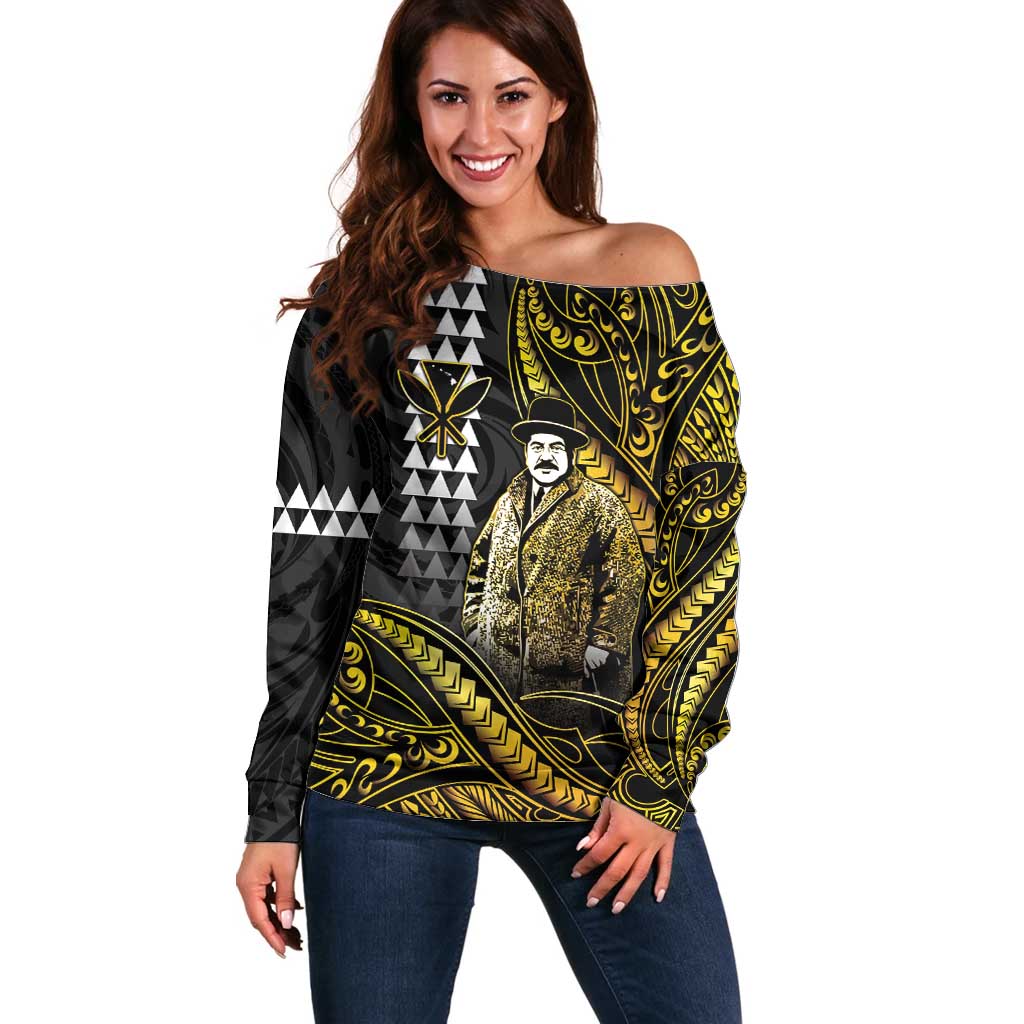 Hawaii Kuhio The Citizen Prince Off Shoulder Sweater Gold Polynesian Tribal Tattoo