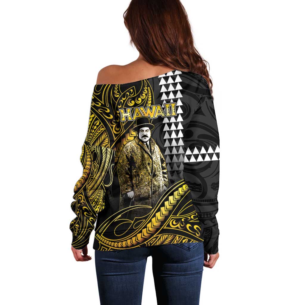 Hawaii Kuhio The Citizen Prince Off Shoulder Sweater Gold Polynesian Tribal Tattoo