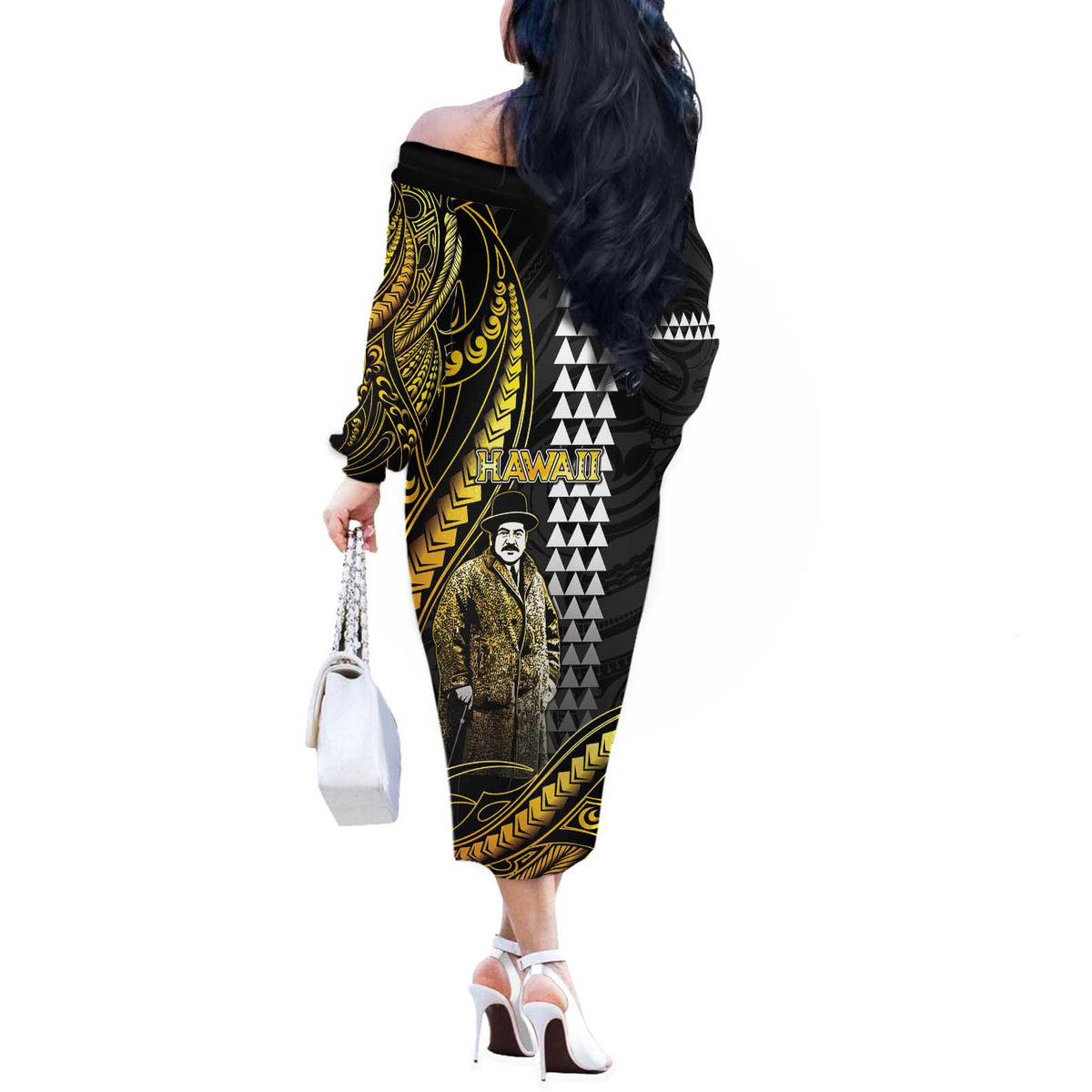 Hawaii Kuhio The Citizen Prince Off The Shoulder Long Sleeve Dress Gold Polynesian Tribal Tattoo