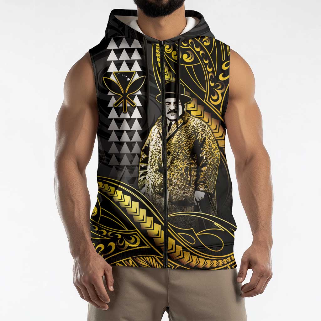 Hawaii Kuhio The Citizen Prince Sleeveless Zip Hoodie Gold Polynesian Tribal Tattoo