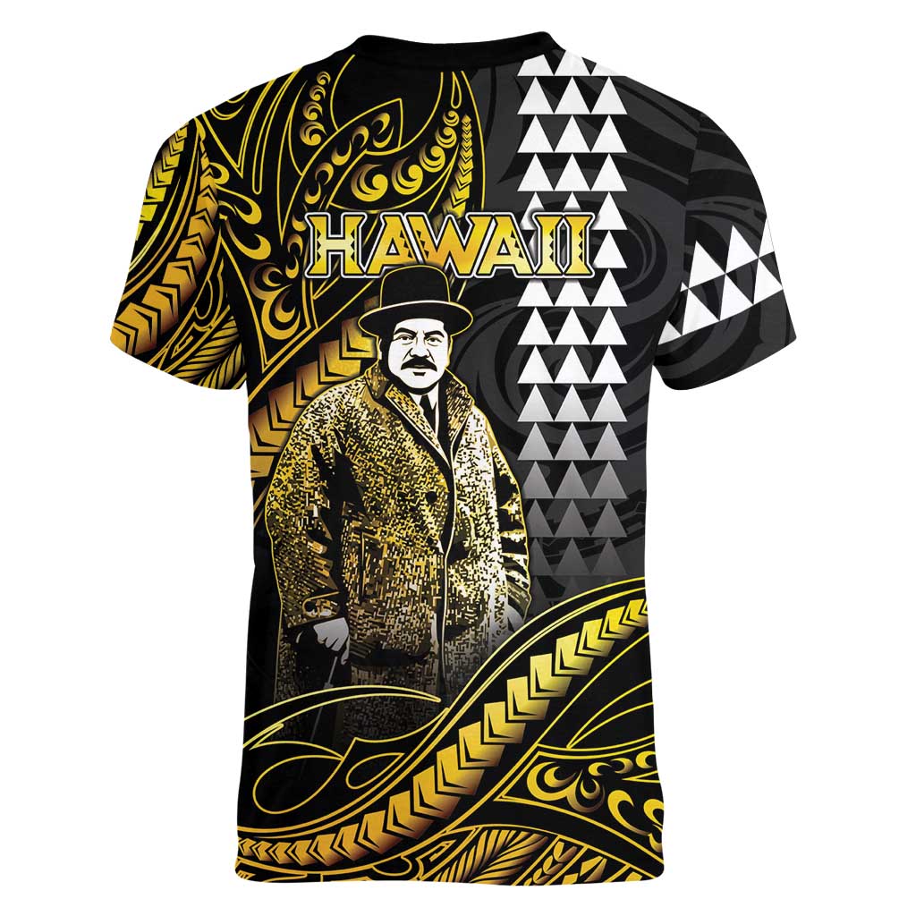 Hawaii Kuhio The Citizen Prince Women V-Neck T-Shirt Gold Polynesian Tribal Tattoo LT05 - Polynesian Pride