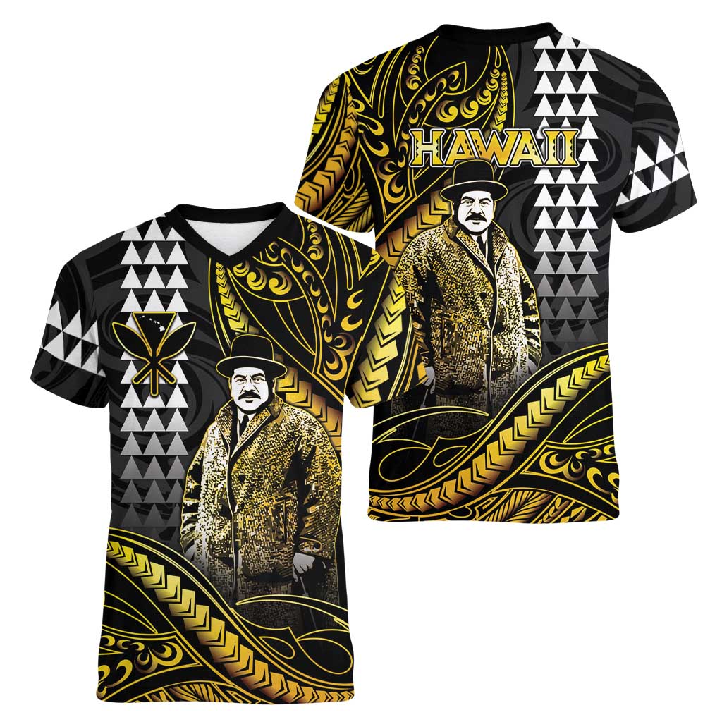 Hawaii Kuhio The Citizen Prince Women V-Neck T-Shirt Gold Polynesian Tribal Tattoo LT05 - Polynesian Pride
