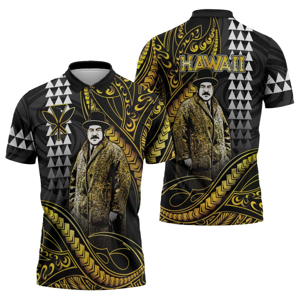 Hawaii Kuhio The Citizen Prince Zipper Polo Shirt Gold Polynesian Tribal Tattoo