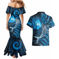 New Zealand Matariki Couples Matching Mermaid Dress and Hawaiian Shirt Maori Koru With Humpback Whale Blue LT05 - Polynesian Pride
