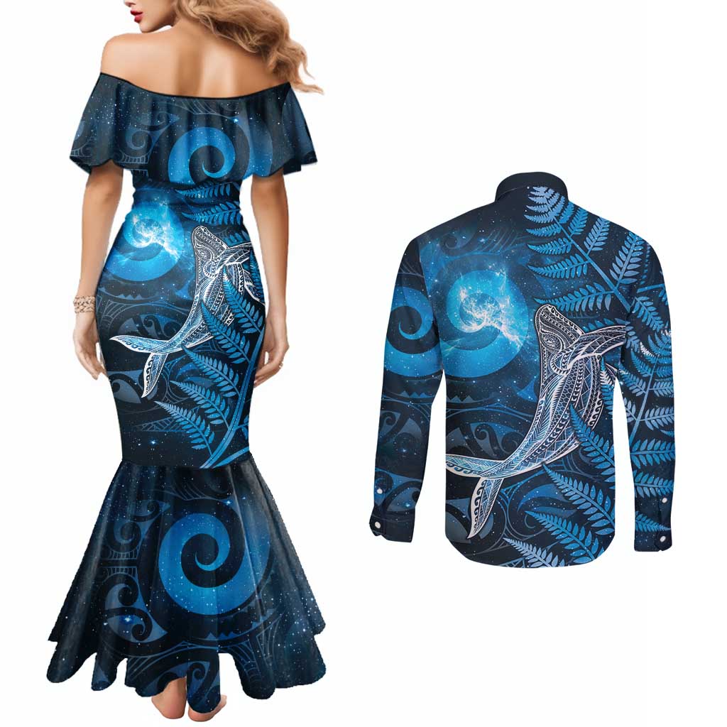 New Zealand Matariki Couples Matching Mermaid Dress and Long Sleeve Button Shirt Maori Koru With Humpback Whale Blue LT05 - Polynesian Pride