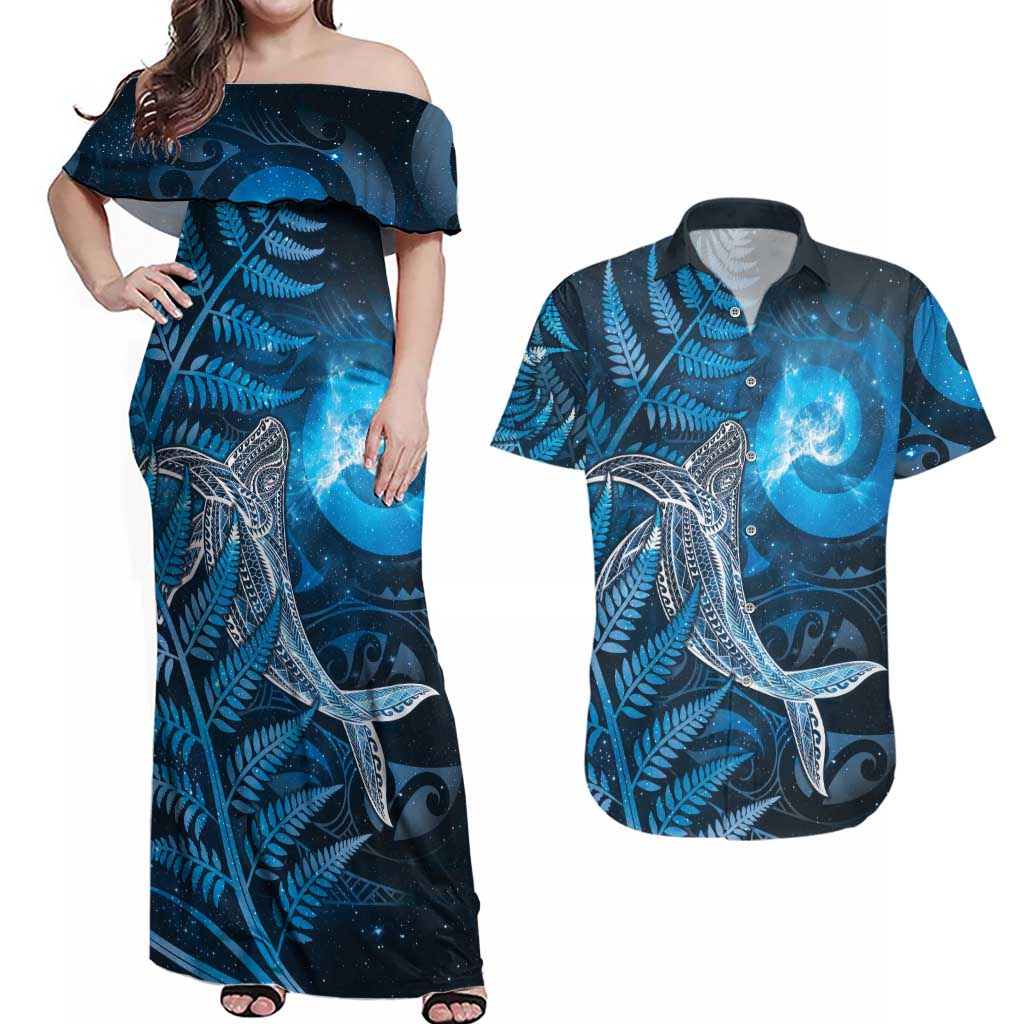 New Zealand Matariki Couples Matching Off Shoulder Maxi Dress and Hawaiian Shirt Maori Koru With Humpback Whale Blue LT05 Blue - Polynesian Pride