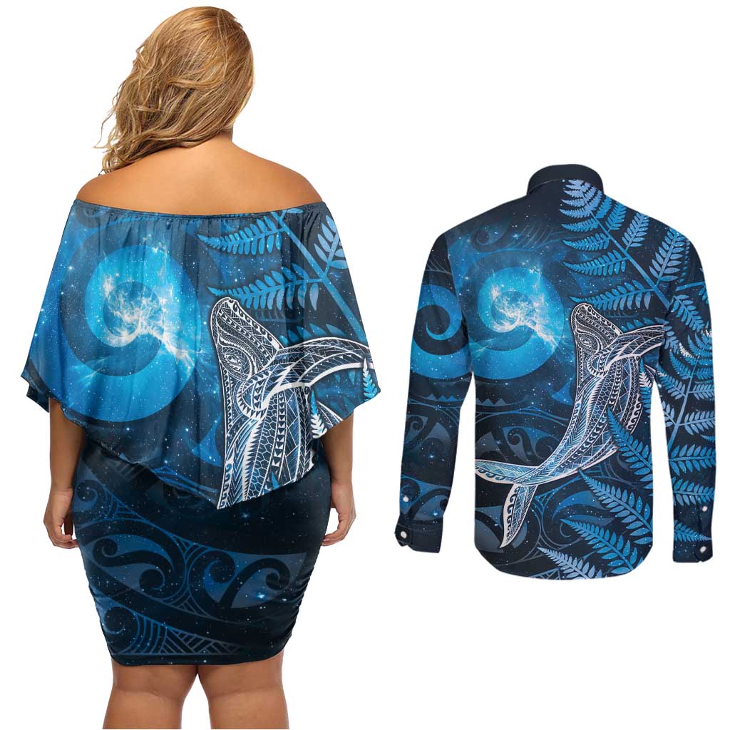 New Zealand Matariki Couples Matching Off Shoulder Short Dress and Long Sleeve Button Shirt Maori Koru With Humpback Whale Blue