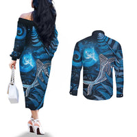 New Zealand Matariki Couples Matching Off The Shoulder Long Sleeve Dress and Long Sleeve Button Shirt Maori Koru With Humpback Whale Blue LT05 - Polynesian Pride