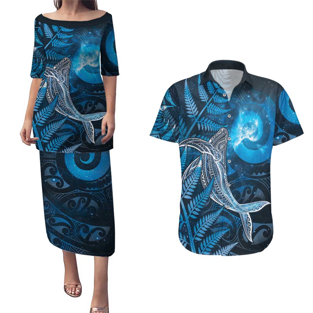 New Zealand Matariki Couples Matching Puletasi and Hawaiian Shirt Maori Koru With Humpback Whale Blue