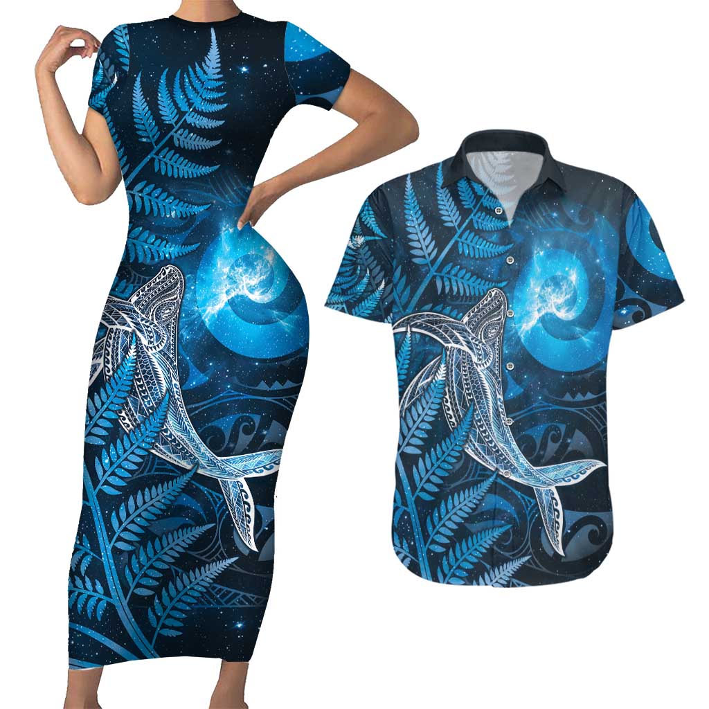New Zealand Matariki Couples Matching Short Sleeve Bodycon Dress and Hawaiian Shirt Maori Koru With Humpback Whale Blue
