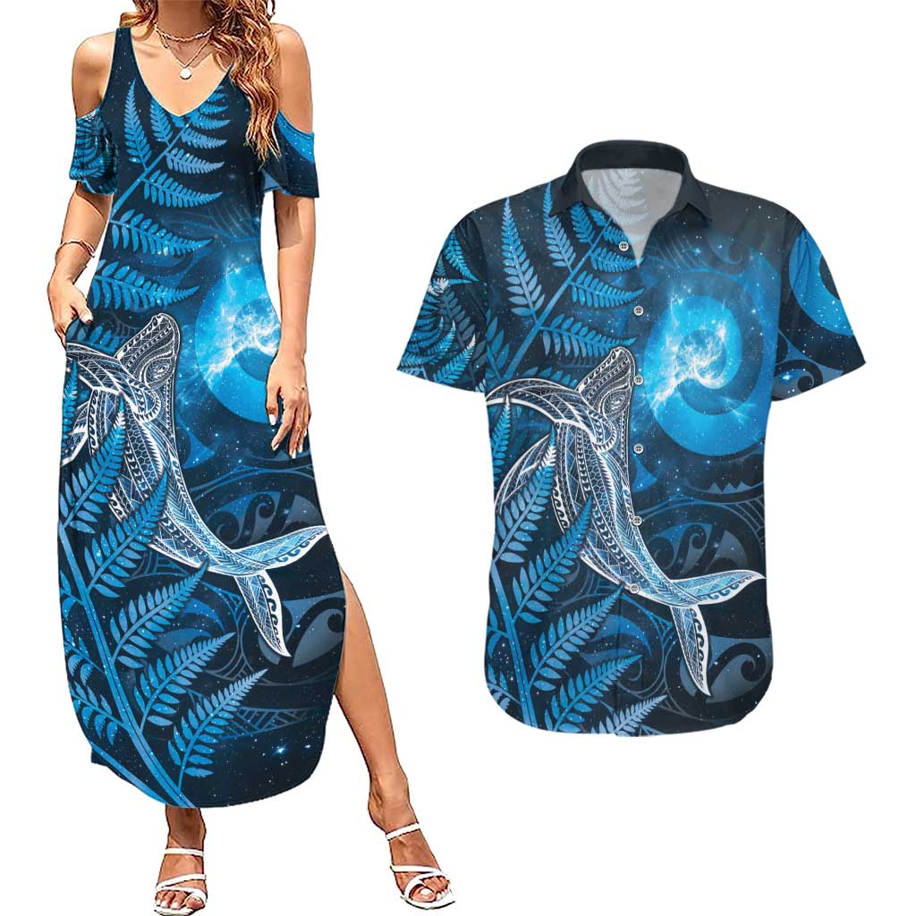 New Zealand Matariki Couples Matching Summer Maxi Dress and Hawaiian Shirt Maori Koru With Humpback Whale Blue