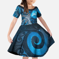 New Zealand Matariki Family Matching Long Sleeve Bodycon Dress and Hawaiian Shirt Maori Koru With Humpback Whale Blue LT05 Daughter's Dress Blue - Polynesian Pride
