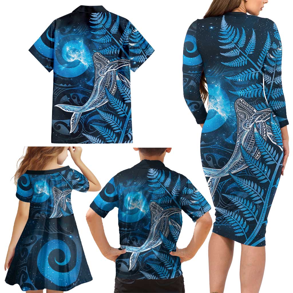 New Zealand Matariki Family Matching Long Sleeve Bodycon Dress and Hawaiian Shirt Maori Koru With Humpback Whale Blue LT05 - Polynesian Pride