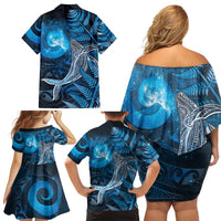 New Zealand Matariki Family Matching Off Shoulder Short Dress and Hawaiian Shirt Maori Koru With Humpback Whale Blue LT05 - Polynesian Pride