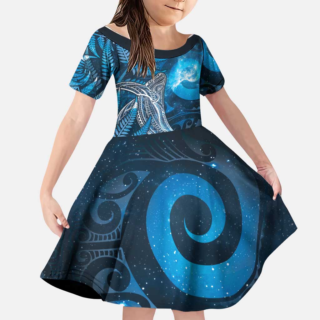 New Zealand Matariki Family Matching Puletasi and Hawaiian Shirt Maori Koru With Humpback Whale Blue LT05 Daughter's Dress Blue - Polynesian Pride