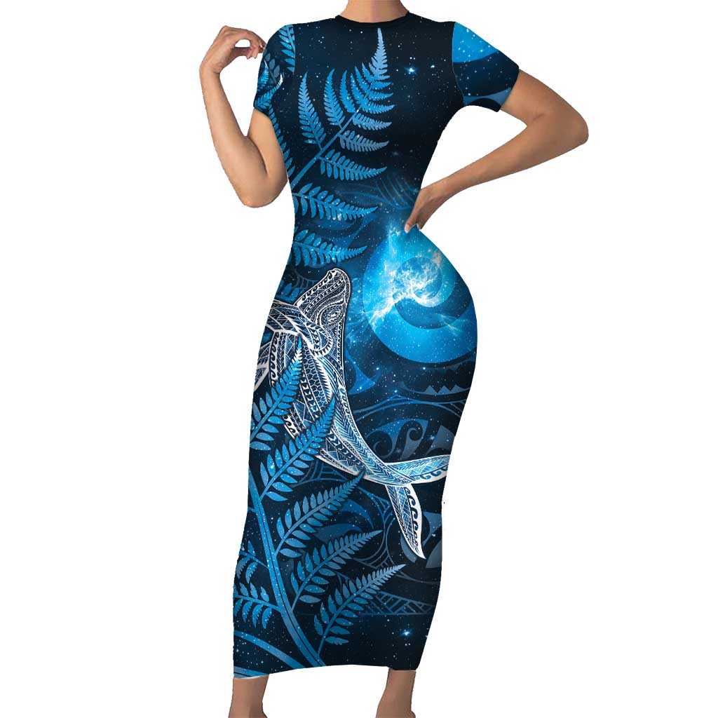 New Zealand Matariki Family Matching Short Sleeve Bodycon Dress and Hawaiian Shirt Maori Koru With Humpback Whale Blue LT05 Mom's Dress Blue - Polynesian Pride