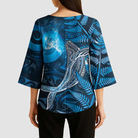 New Zealand Matariki Kimono Sleeve Blouse Maori Koru With Humpback Whale Blue
