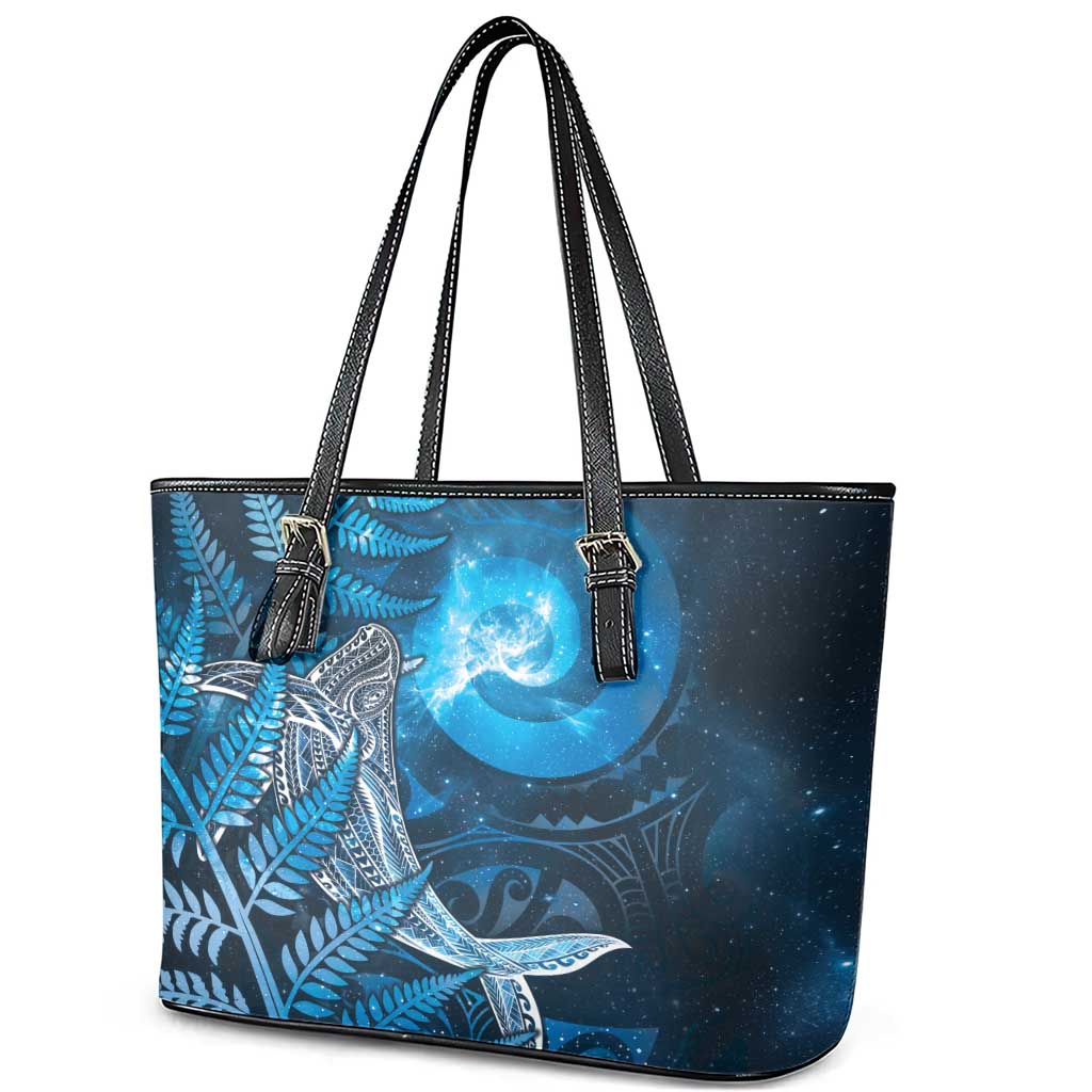 New Zealand Matariki Leather Tote Bag Maori Koru With Humpback Whale Blue