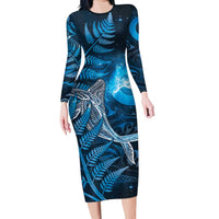 New Zealand Matariki Long Sleeve Bodycon Dress Maori Koru With Humpback Whale Blue LT05 Long Dress Blue - Polynesian Pride