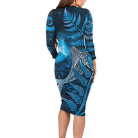 New Zealand Matariki Long Sleeve Bodycon Dress Maori Koru With Humpback Whale Blue LT05 - Polynesian Pride