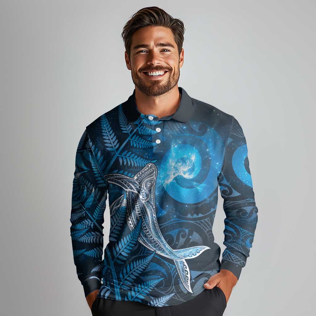 New Zealand Matariki Long Sleeve Polo Shirt Maori Koru With Humpback Whale Blue