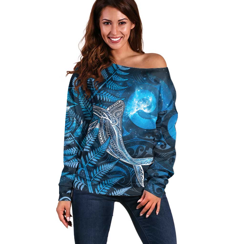 New Zealand Matariki Off Shoulder Sweater Maori Koru With Humpback Whale Blue